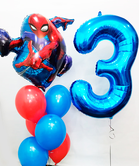 №22.147 Стоимость композиции 1990 руб.: 6 шаров и человек паук с цифрой. Цвет и количество шаров любые
