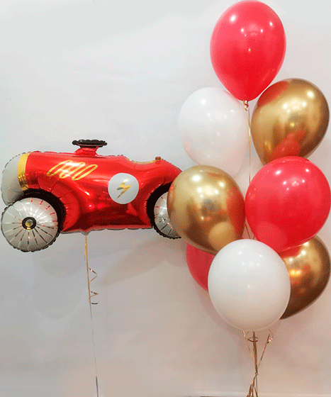 №10.35 Гелиевые шары с гоночной машиной 2300р.: 10 шаров и машина
