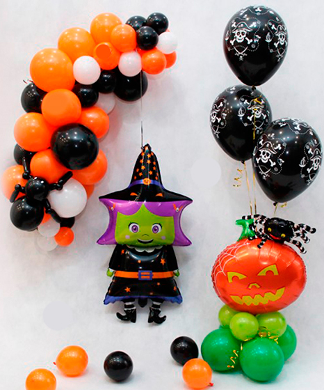 №8.60 Оформление шарами на Хэллоуин 2990руб.: гирлянда 1 метр, тыква с шарами, ведьмочка, шары на пол 5шт