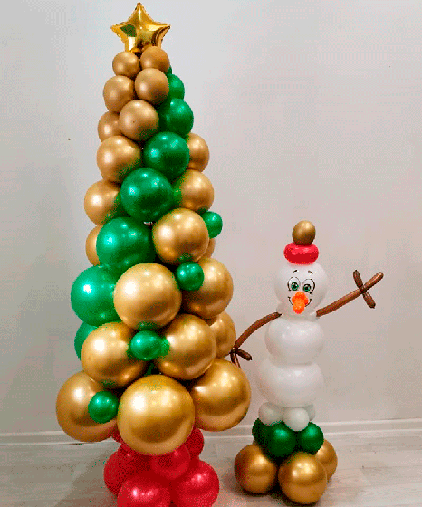 №9.19 Оформление шарами на Новый год 2600 руб.: ёлка с шарами хром 2 метра., снеговик из шаров