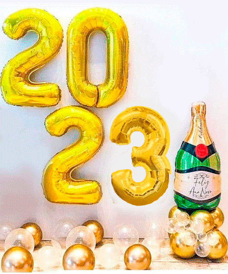 №9.20 Оформление шарами на Новый год 4200 руб.: подвесные цифры, шампанское, шары на пол 15шт